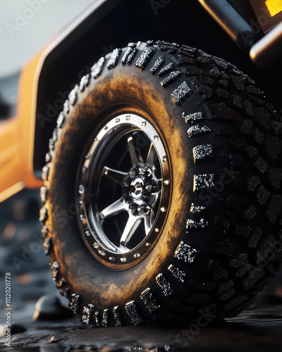 A close-up view of a rugged tire showcasing its tread pattern and shiny rim, ideal for off-road vehicles. photo