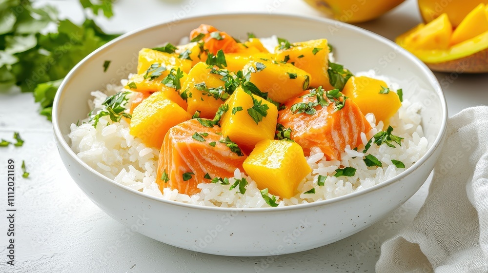 Fresh Salmon Mango Rice Bowl with Herbs and Bright Colors Fresh Salmon Mango Rice Bowl with Herbs and Bright Colors