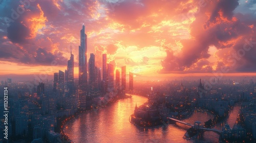 Futuristic city skyline at sunset, river, buildings, skyscrapers, dramatic clouds.