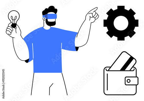 Man wearing a VR headset holding light bulb, pointing towards gear icon, using virtual wallet with credit card. Ideal for technology, innovation, virtual reality, fintech, digital solutions