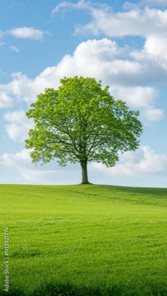 Obraz premium Lone tree in a grassy field with a blue sky