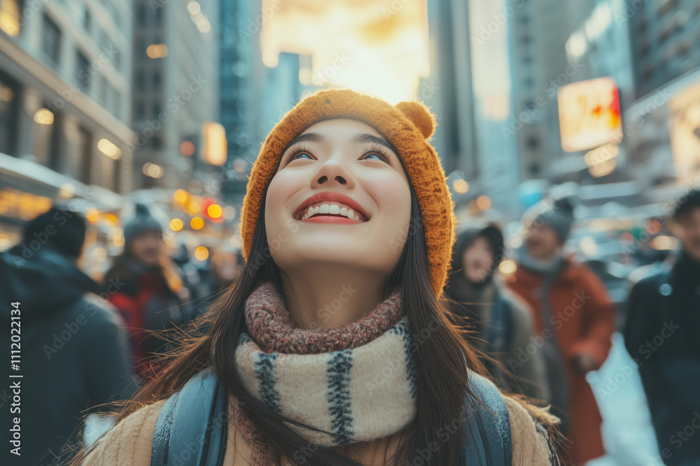 A cheerful young woman in a winter cityscape looks up at falling snowflakes, dressed warmly in a black beanie and scarf. Joyful urban winter vibes A cheerful young woman in a winter cityscape looks up at falling snowflakes, dressed warmly in a black beanie and scarf. Joyful urban winter vibes