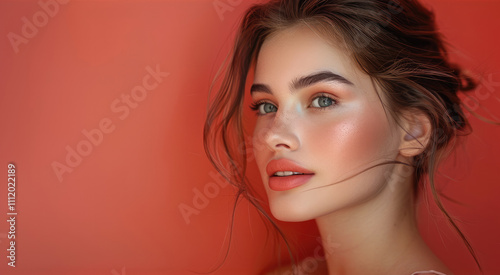 Beautiful caucasian woman with a flawless complexion and skin, isolated on a pastel red background.