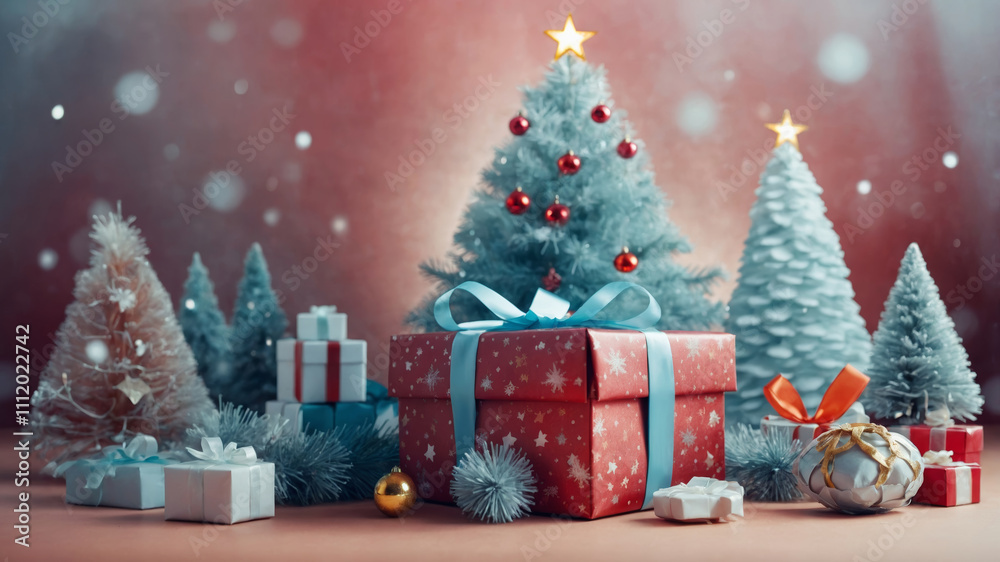 Obraz premium Celebrate the Joy of Christmas with Festive Trees and Brightly Wrapped Gifts in a Winter Wonderland