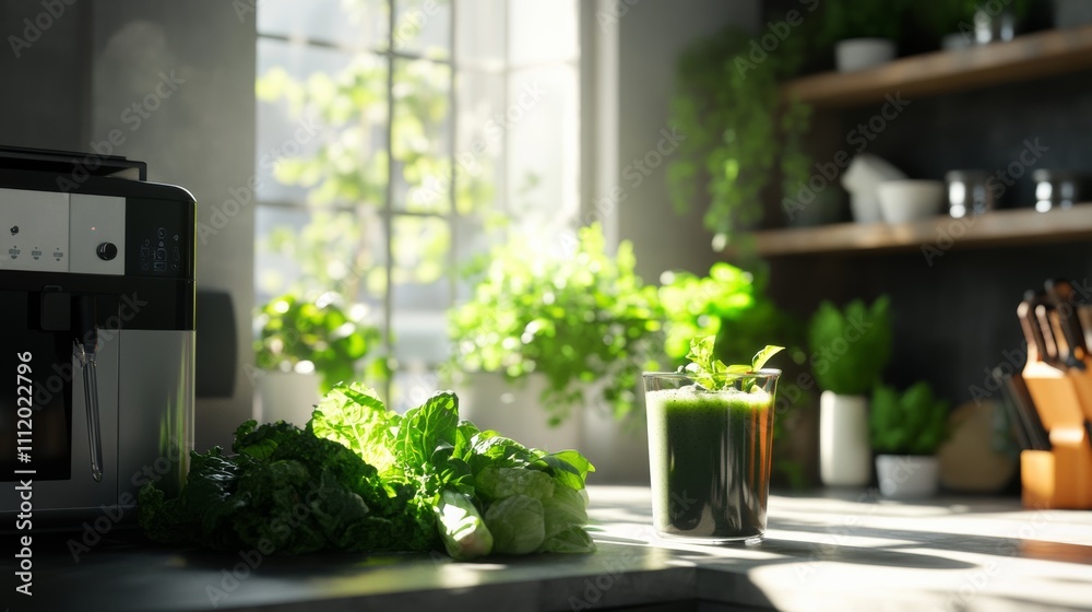 Fototapeta premium Scene of fresh greens and smoothie in a kitchen with natural lighting