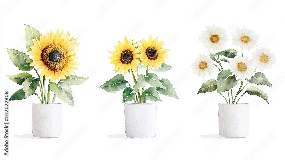 Vibrant Sunflower Watercolor Collection, a beautiful array of yellow summer flowers, showcasing intricate floral elements and delightful wildflower designs. Vibrant Sunflower Watercolor Collection, a beautiful array of yellow summer flowers, showcasing intricate floral elements and delightful wildflower designs.