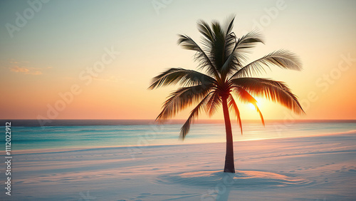 Palm tree stands tall and solitary on a pristine white sandy beach at sunset,  serenity,  sea,  environment
