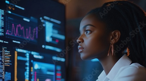 Focused analyst examining data visualizations in a modern tech environment during evening hours