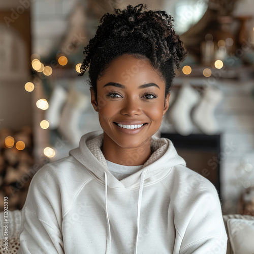 Sweet smiling black woman mid thirties wearing cotton white sweatshirt, farmhouse and minimalist Christmas setting in living room.