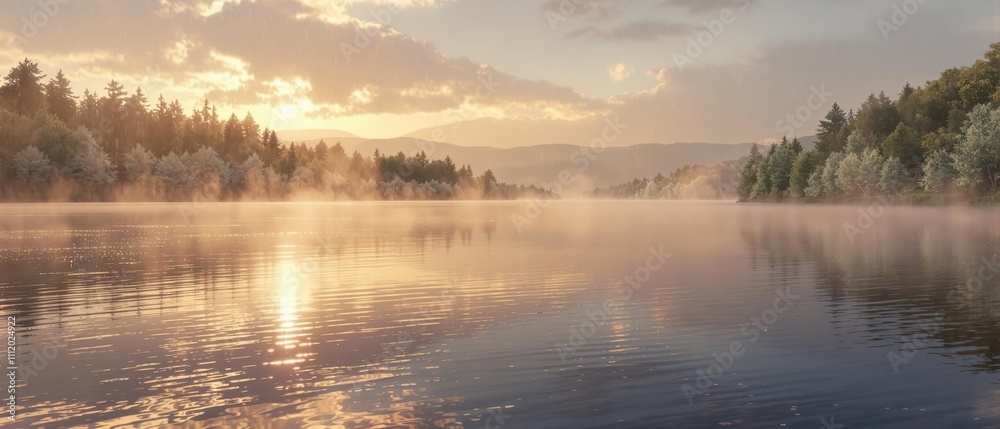 Rainfall creating ripples on a lake's surface at dawn , rain, wave, morning Rainfall creating ripples on a lake's surface at dawn , rain, wave, morning