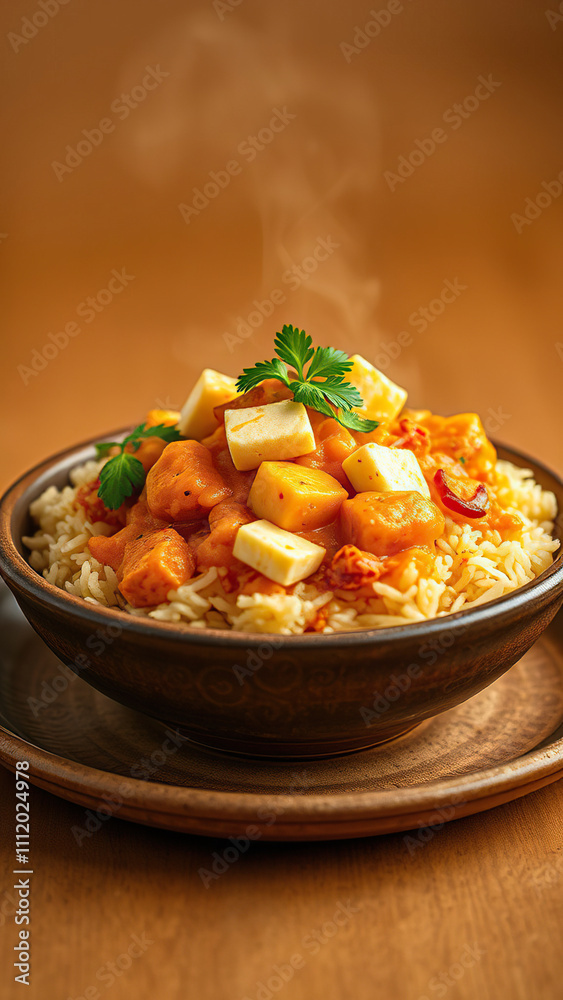 Rice with paneer butter masala served in a shallow bowl, garnished with fresh cilantro and crispy onions,  creamy sauce,  vegetarian dish,  flavorful sauce