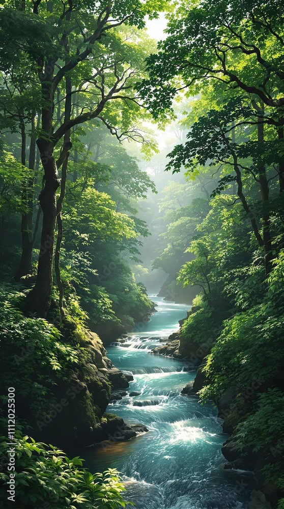 Obraz premium River winds its way through the lush green forest, natural beauty, river flow, serpentine river, winding river