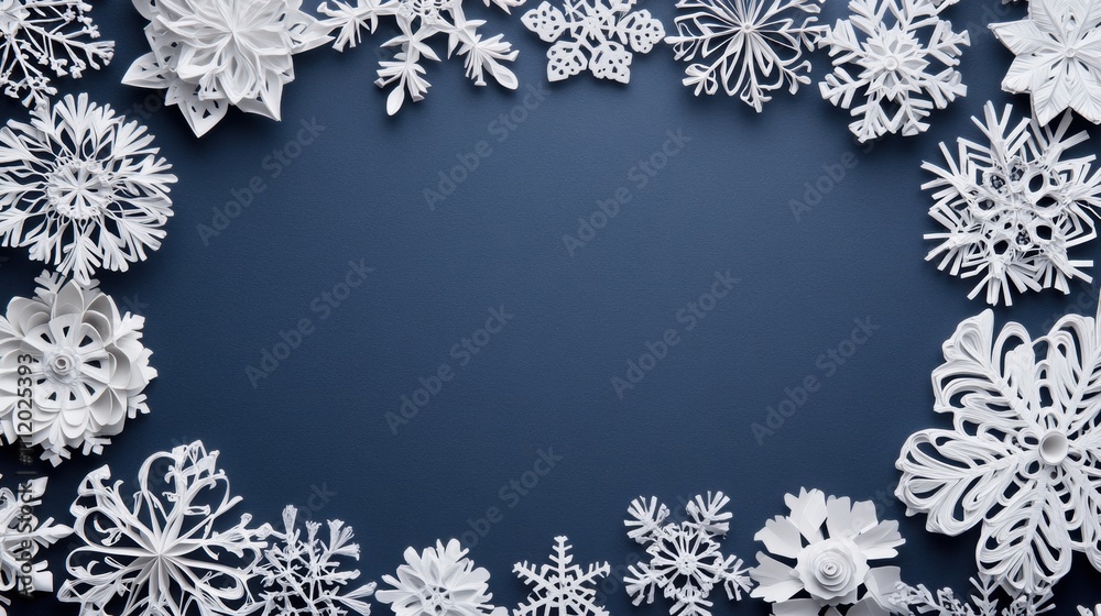 Delicate paper snowflakes form a decorative border on a deep blue background, offering blank space for personalized messages or notes. Generative AI