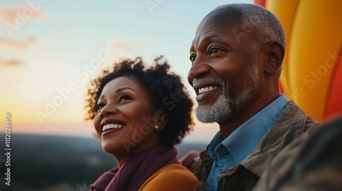 A joyful elderly Black couple enjoying a hot air balloon ride at sunset, smiling warmly, with soft golden light illuminating their faces against a scenic backdrop