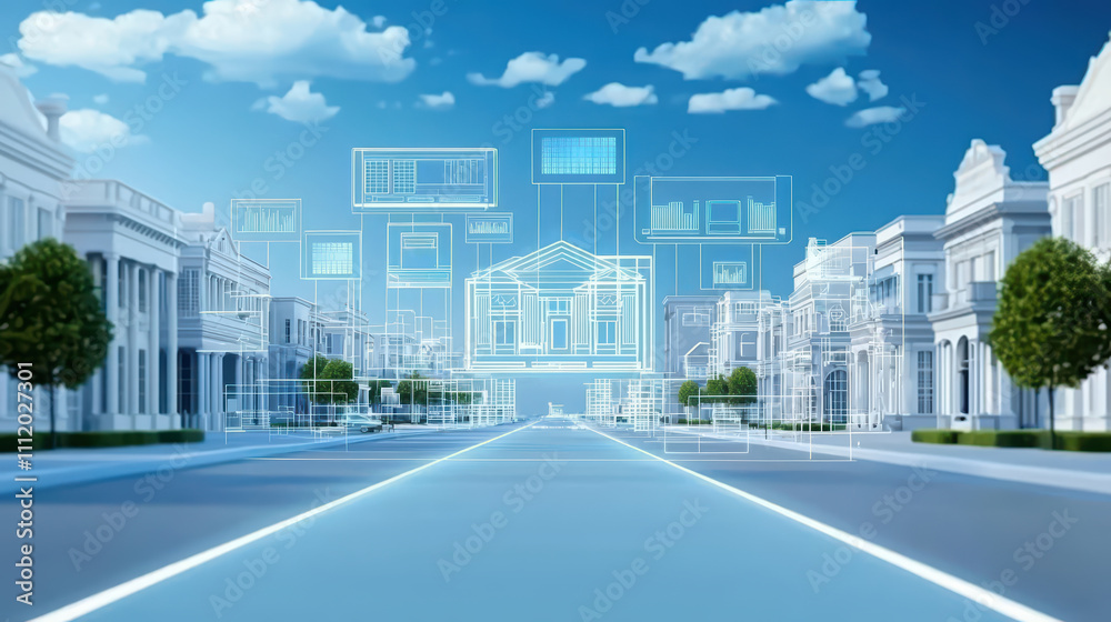 Obraz premium digital landscape showcasing futuristic city with buildings and data overlays, blending technology and architecture. scene evokes innovation and modernity