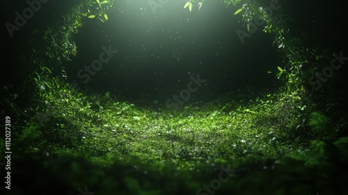 A serene forest clearing illuminated by soft, ethereal light, surrounded by lush green foliage and a tranquil atmosphere.