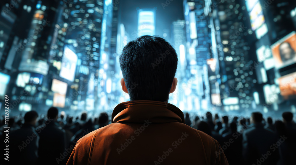 person stands in awe, gazing at futuristic cityscape filled with towering skyscrapers and vibrant lights. atmosphere is electric and captivating, showcasing blend of technology and urban life person stands in awe, gazing at futuristic cityscape filled with towering skyscrapers and vibrant lights. atmosphere is electric and captivating, showcasing blend of technology and urban life