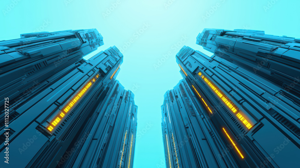 Obraz premium Futuristic cityscape featuring towering structures with glowing elements, set against bright blue sky. design showcases advanced architecture and technology