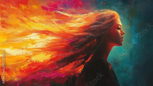 Abstract portrait of a woman with long flowing hair. Vibrant colors, swirling lines and textures evoke emotion and beauty, mixing modern style with retro charm.