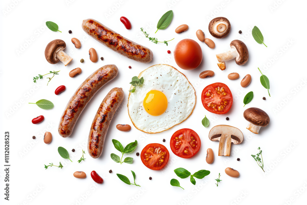 hearty English breakfast featuring sausages, mushrooms, eggs, and tomatoes, beautifully arranged with herbs and beans for vibrant presentation hearty English breakfast featuring sausages, mushrooms, eggs, and tomatoes, beautifully arranged with herbs and beans for vibrant presentation
