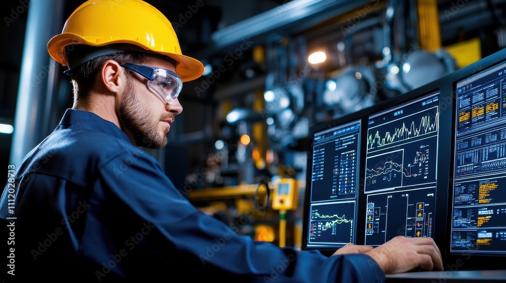 Engineer Analyzing Data on Multiple Monitors in Industrial Setting Engineer Analyzing Data on Multiple Monitors in Industrial Setting
