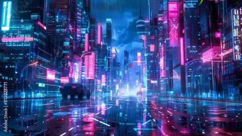Wallpaper Mural Futuristic cityscape at night with glowing neon signs, flying cars, and rain reflecting on wet streets, creating a vibrant cyberpunk atmosphere Torontodigital.ca