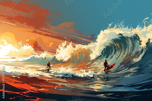 Two surfers ride large ocean waves at sunset.