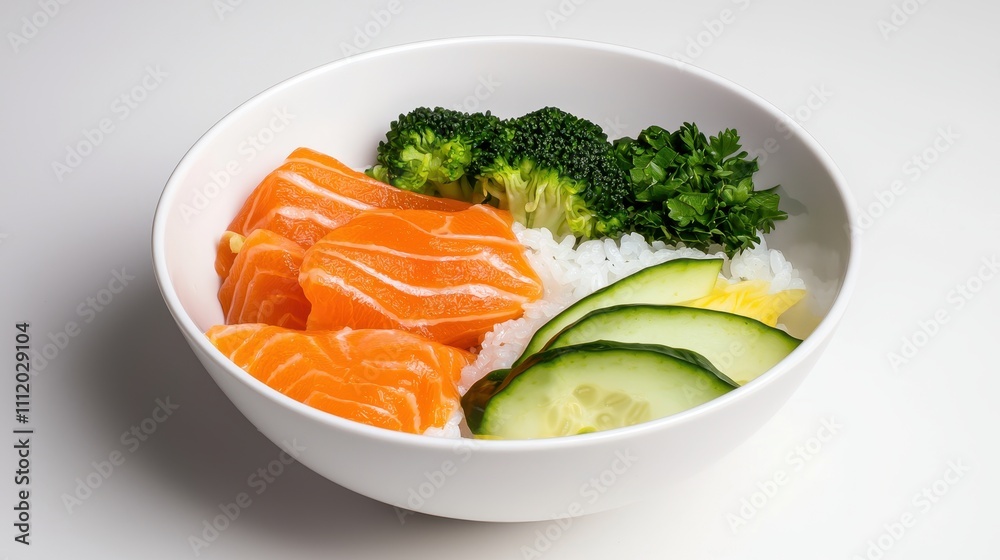Fresh Salmon Sashimi with Rice and Vegetables in White Bowl Fresh Salmon Sashimi with Rice and Vegetables in White Bowl