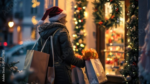 Festive delivery person with groceries in a holiday setting