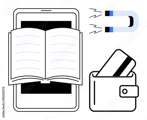 Open book on tablet, two credit cards in a wallet, and a blue magnet. Ideal for e-learning, online shopping, digital libraries, educational platforms, mobile banking, tech adoption modern