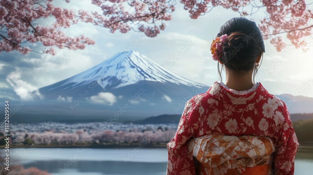 Woman in floral kimono gazing at Mount Fuji amidst cherry blossoms under a serene sky. Woman in floral kimono gazing at Mount Fuji amidst cherry blossoms under a serene sky.