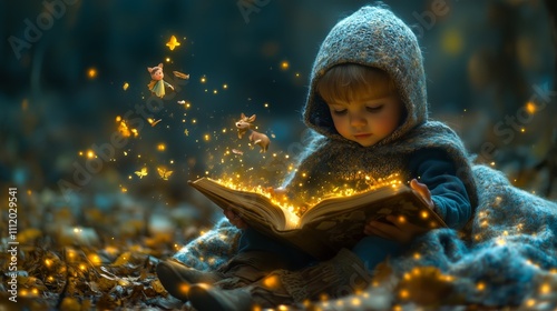 Enchanting forest adventure: child reading magic book with glowing fairies at night