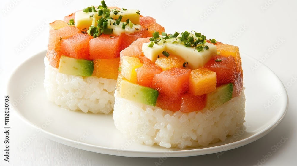 Colorful Sushi Stack with Fresh Ingredients and Chopped Herbs Colorful Sushi Stack with Fresh Ingredients and Chopped Herbs