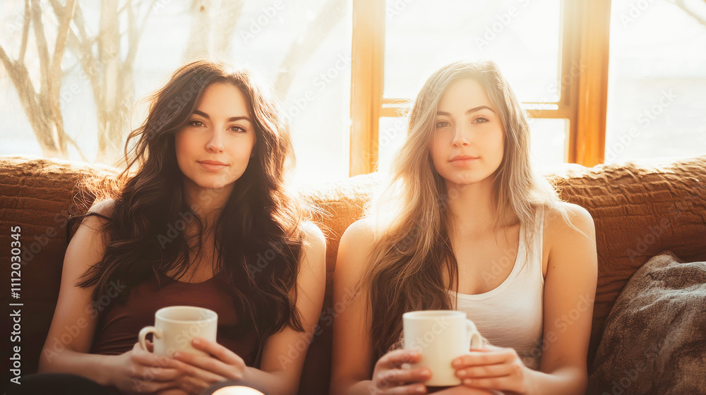 Two young women enjoying their morning cup of coffee at home Two young women enjoying their morning cup of coffee at home