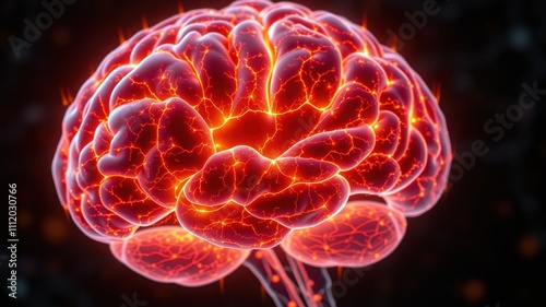 Brain Power: A glowing red human brain, radiating energy and sparks, symbolizes the power and potential of the human mind. It is a mesmerizing and evocative image, perfect for representing ideas.