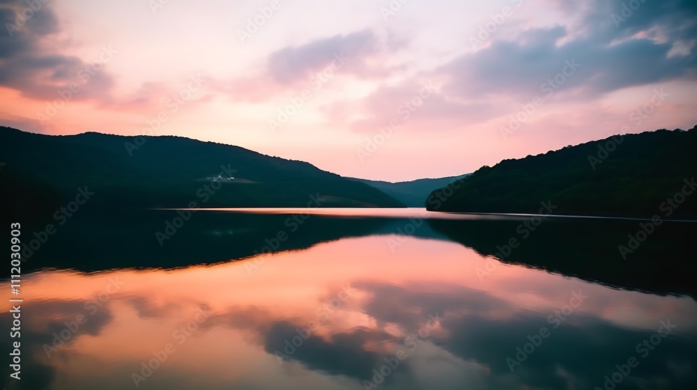 Serene Sunset Reflecting On Calm Mountain Lake Water Serene Sunset Reflecting On Calm Mountain Lake Water