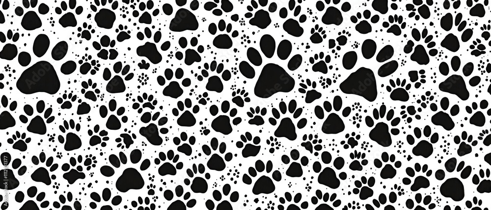 Stylized black doodle paw prints in a seamless pattern for a unique pet friendly space, seamless background, abstract art, pet lover decor, paw print design Stylized black doodle paw prints in a seamless pattern for a unique pet friendly space, seamless background, abstract art, pet lover decor, paw print design