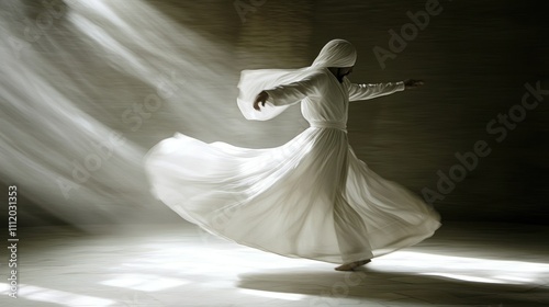 Mesmerizing Whirling Dervish Dance in Ethereal Soft Light Embracing Serenity and Spiritual Flow