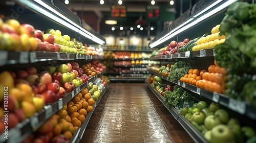 An empty green grocer stall, sitting on in amongst a supermarket fruit and veg aisle.