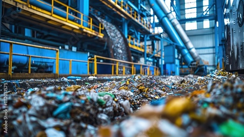 A vibrant image of an industrial waste-to-energy facility with advanced technology converting large volumes of waste into renewable energy, highlighting the efficiency of modern industrial solutions photo