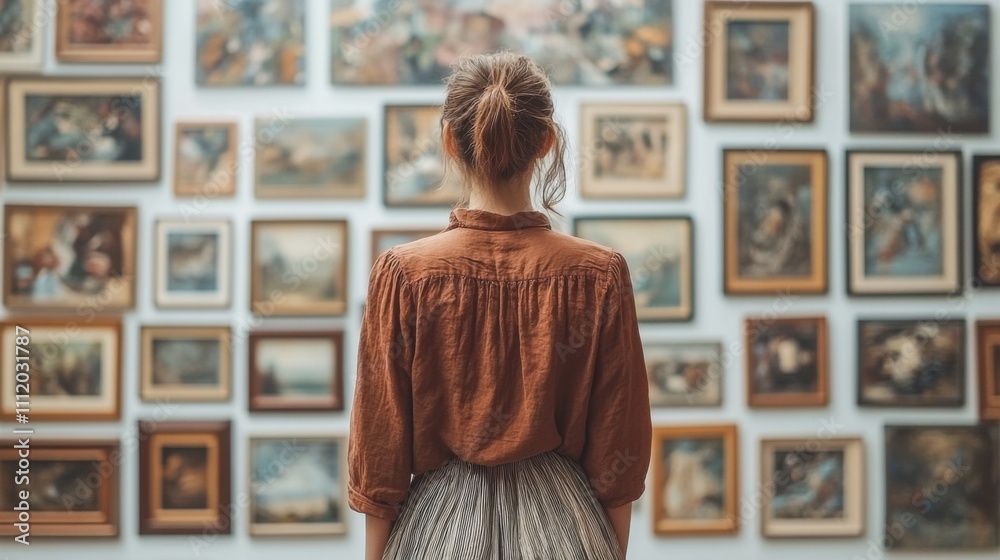 Woman exploring art museum, surrounded by framed paintings in elegant gallery. Cultural inspiration, artistic appreciation, classic artwork, peaceful indoor setting, historical connection. Woman exploring art museum, surrounded by framed paintings in elegant gallery. Cultural inspiration, artistic appreciation, classic artwork, peaceful indoor setting, historical connection.