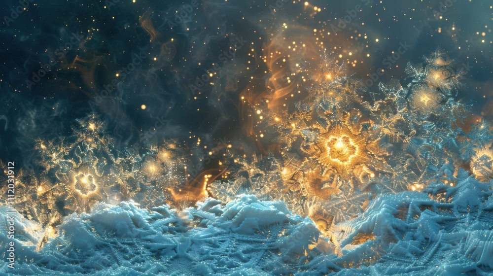 Fototapeta premium Closeup snowflake shimmering in golden and blue light on snowy landscape