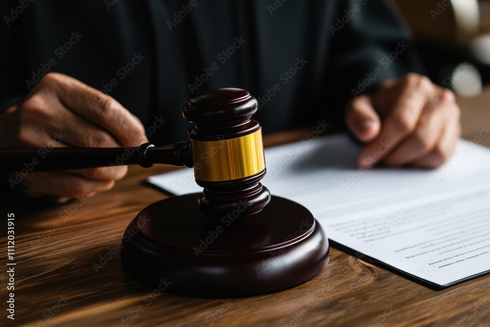 Judge Holding Gavel Over Legal Document at Courtroom Table Judge Holding Gavel Over Legal Document at Courtroom Table