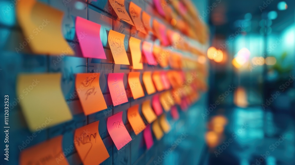 A business sticky on brainstorming board at office. colorful sticky note with soft light. A business sticky on brainstorming board at office. colorful sticky note with soft light.