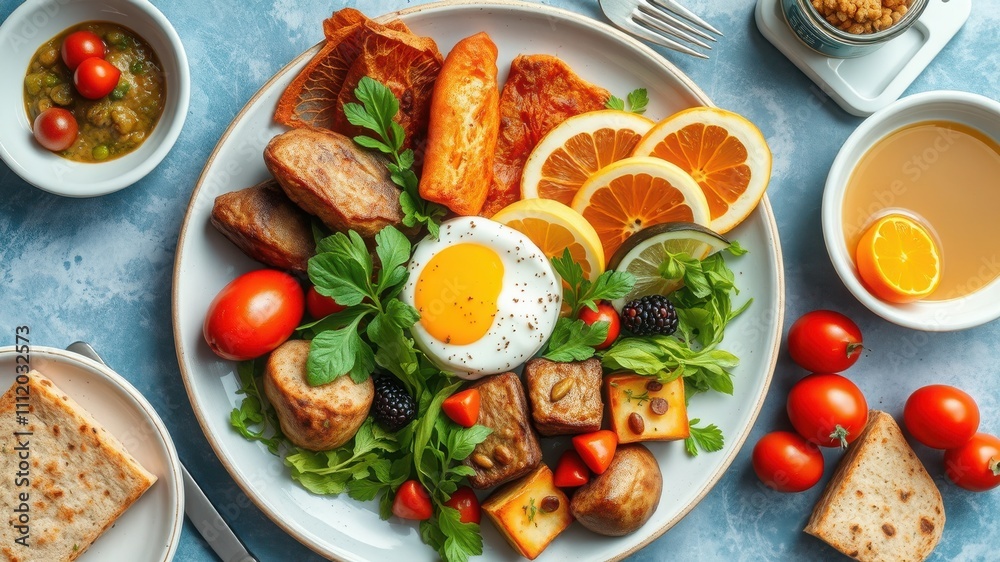 A Vibrant Breakfast Platter: Indulge in a symphony of flavors with this mouthwatering breakfast platter, featuring a perfectly poached egg, crispy toast, roasted potatoes, fresh fruit. A Vibrant Breakfast Platter: Indulge in a symphony of flavors with this mouthwatering breakfast platter, featuring a perfectly poached egg, crispy toast, roasted potatoes, fresh fruit.