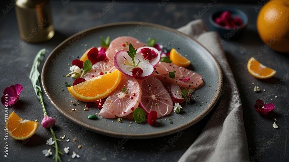swordfish carpaccio with orange grapefruit radish and flowers swordfish carpaccio with orange grapefruit radish and flowers