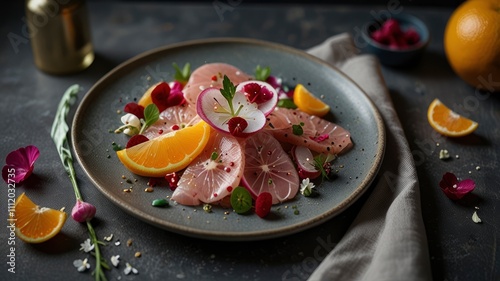 swordfish carpaccio with orange grapefruit radish and flowers 