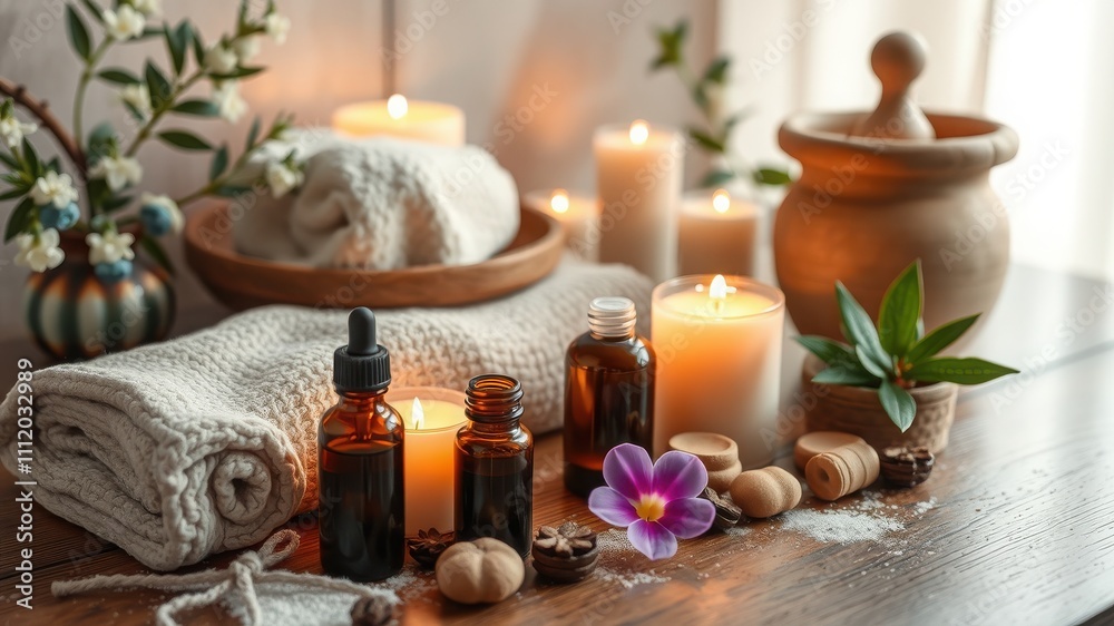Tranquil Spa Ritual:  A serene scene of essential oils, candles, and soft towels evokes a sense of tranquility and self-care.
