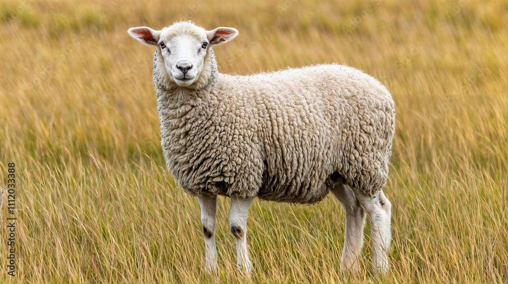 Obraz premium Close-Up of a Woolly Sheep Standing in a Golden Field of Grass on a Peaceful Countryside Farm