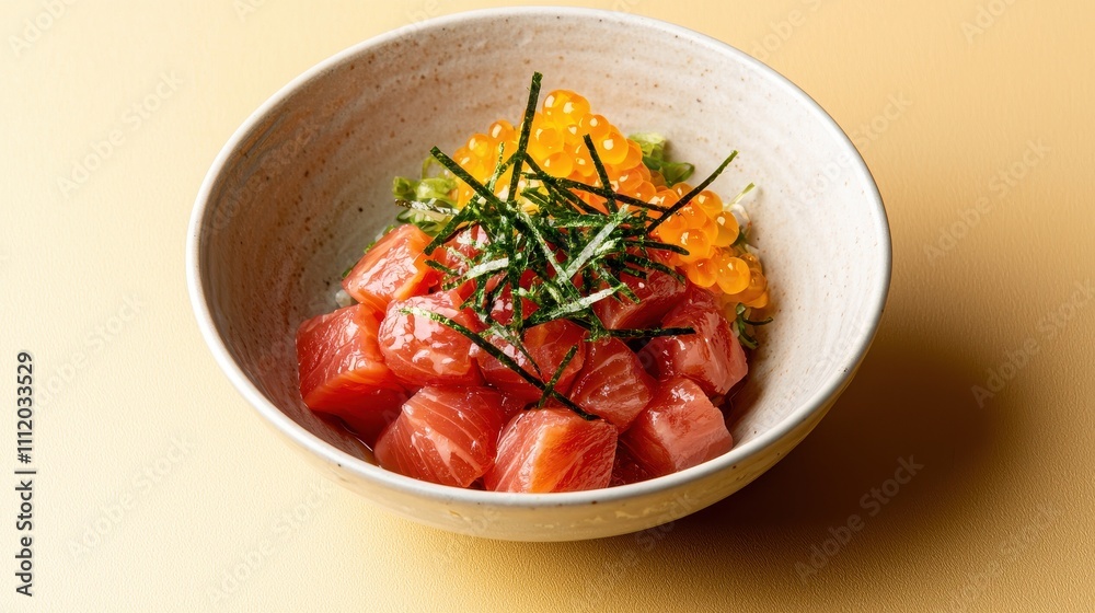 Fresh Sashimi with Salmon, Fish Roe, Seaweed on Yellow Background Fresh Sashimi with Salmon, Fish Roe, Seaweed on Yellow Background